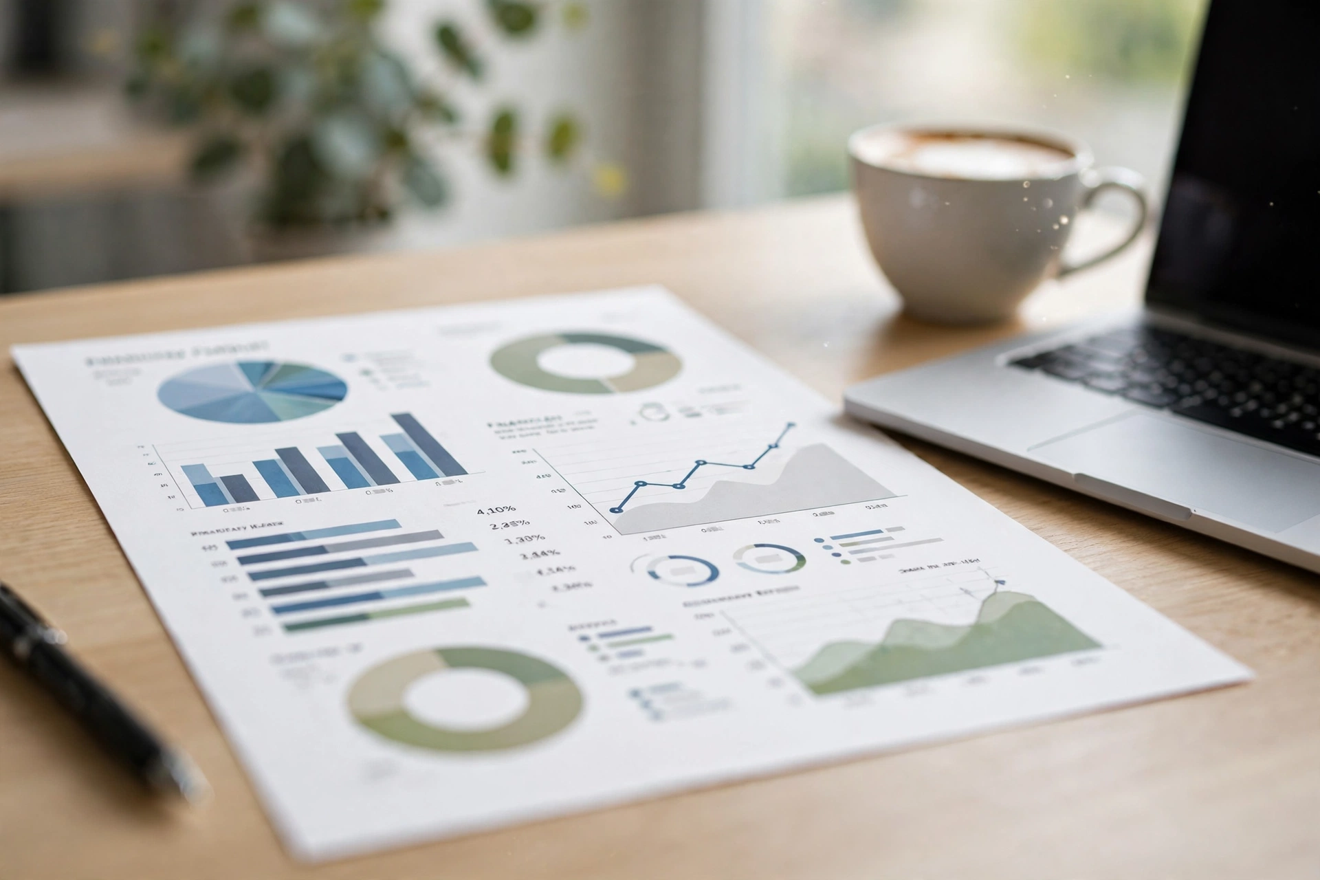 One-page monthly finance summary report on a desk