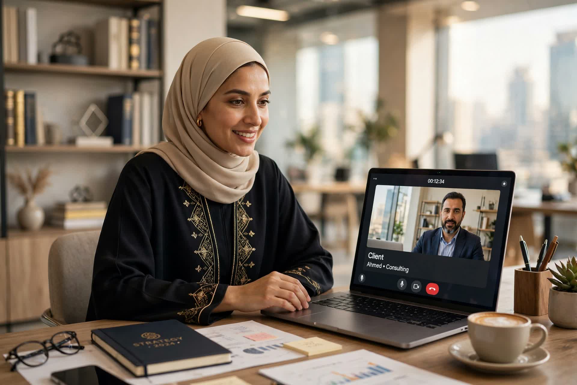 Emirati finance consultant on a video call with a client