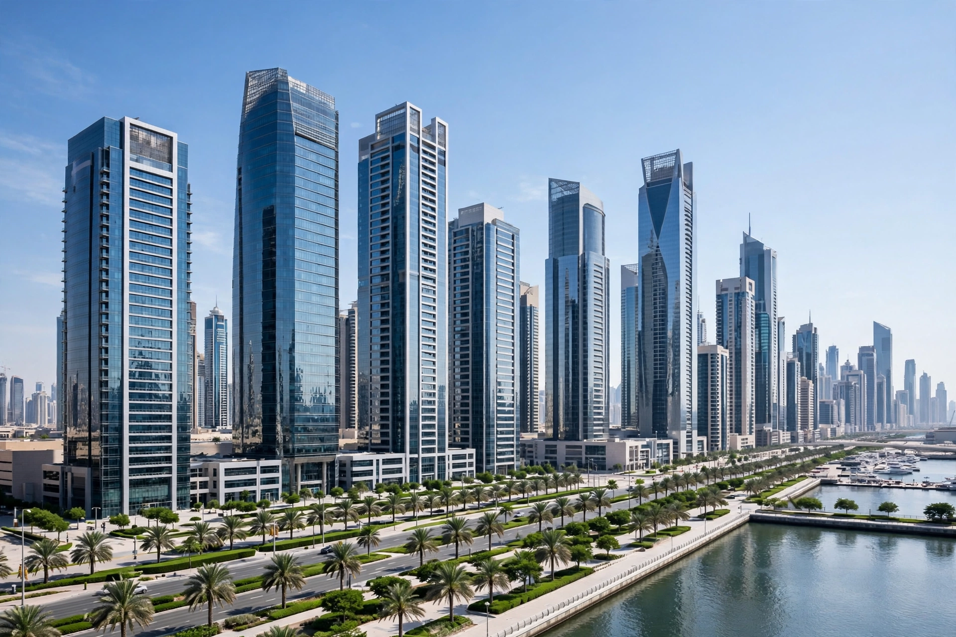 Dubai business district skyline in daylight